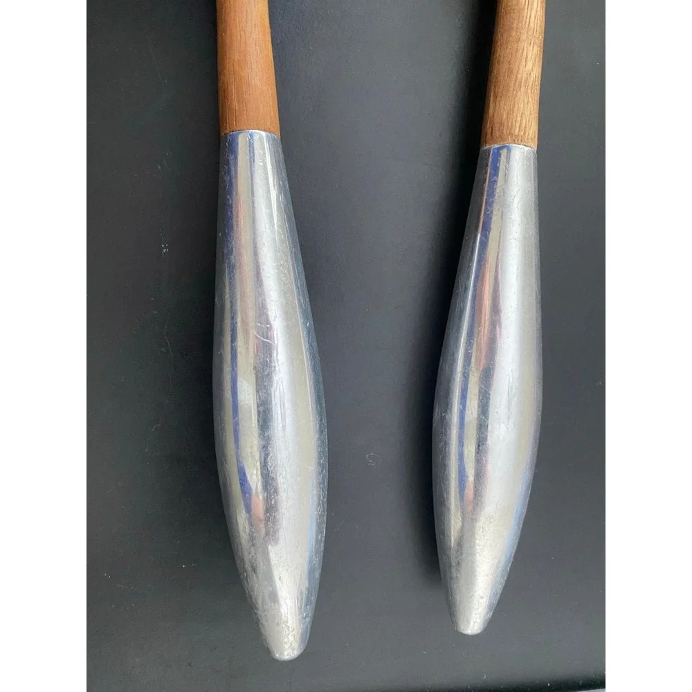 Heavy Wood & Metal Serving Spoons Set Vintage Possibly Nambe K3